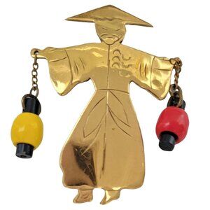 Gold Tone Brass Made in Brazil Asian Water Lantern Man Brooch Pin